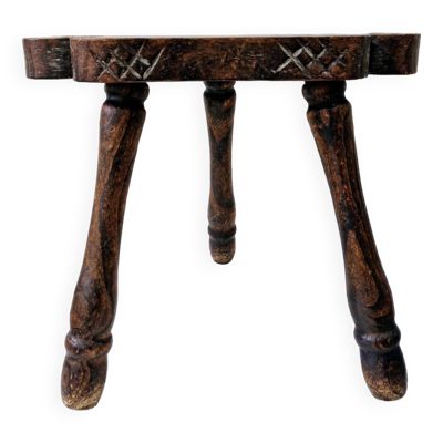 Rare Tabouret De Traite Ancien Tripode Bois Massif Sculpté Art Populaire