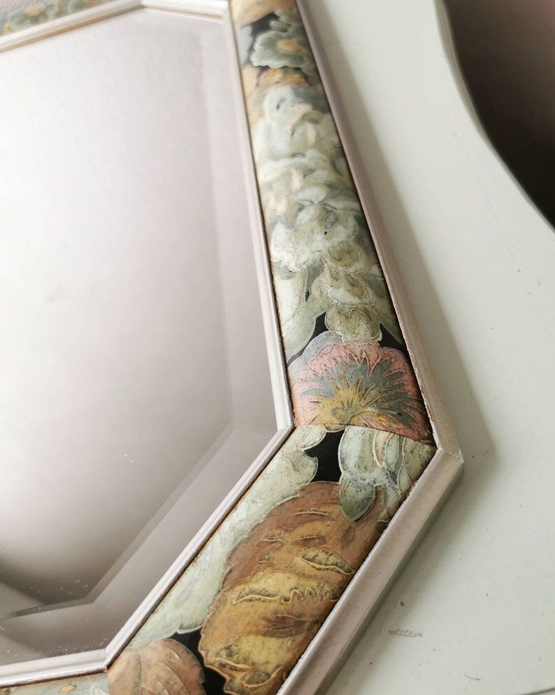 Vintage floral mirror in wood and cut glass, 80s