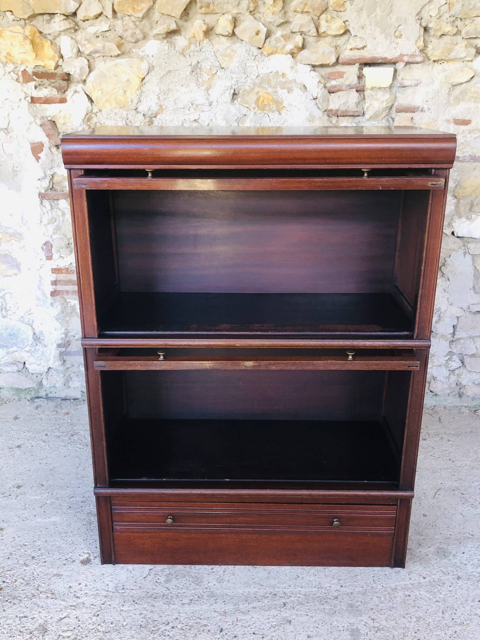 Vintage mahogany avocado bookcase with overhead glass doors circa 40's/50's