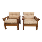 Pair of cosy vintage design chalet pine mountain armchairs.