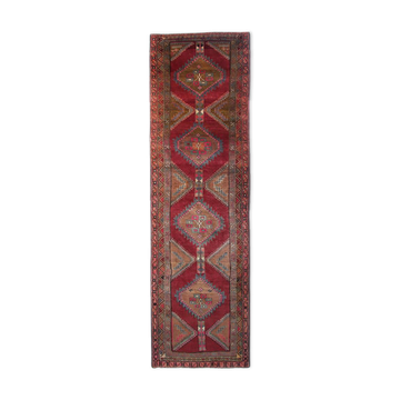 Vintage red persian runner rug long traditional handwoven oriental wool carpet 110x385cm
