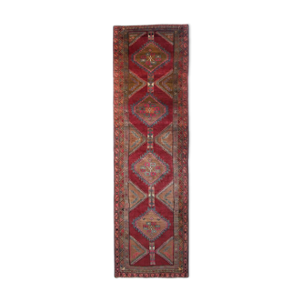 Vintage red persian runner rug long traditional handwoven oriental wool carpet 110x385cm
