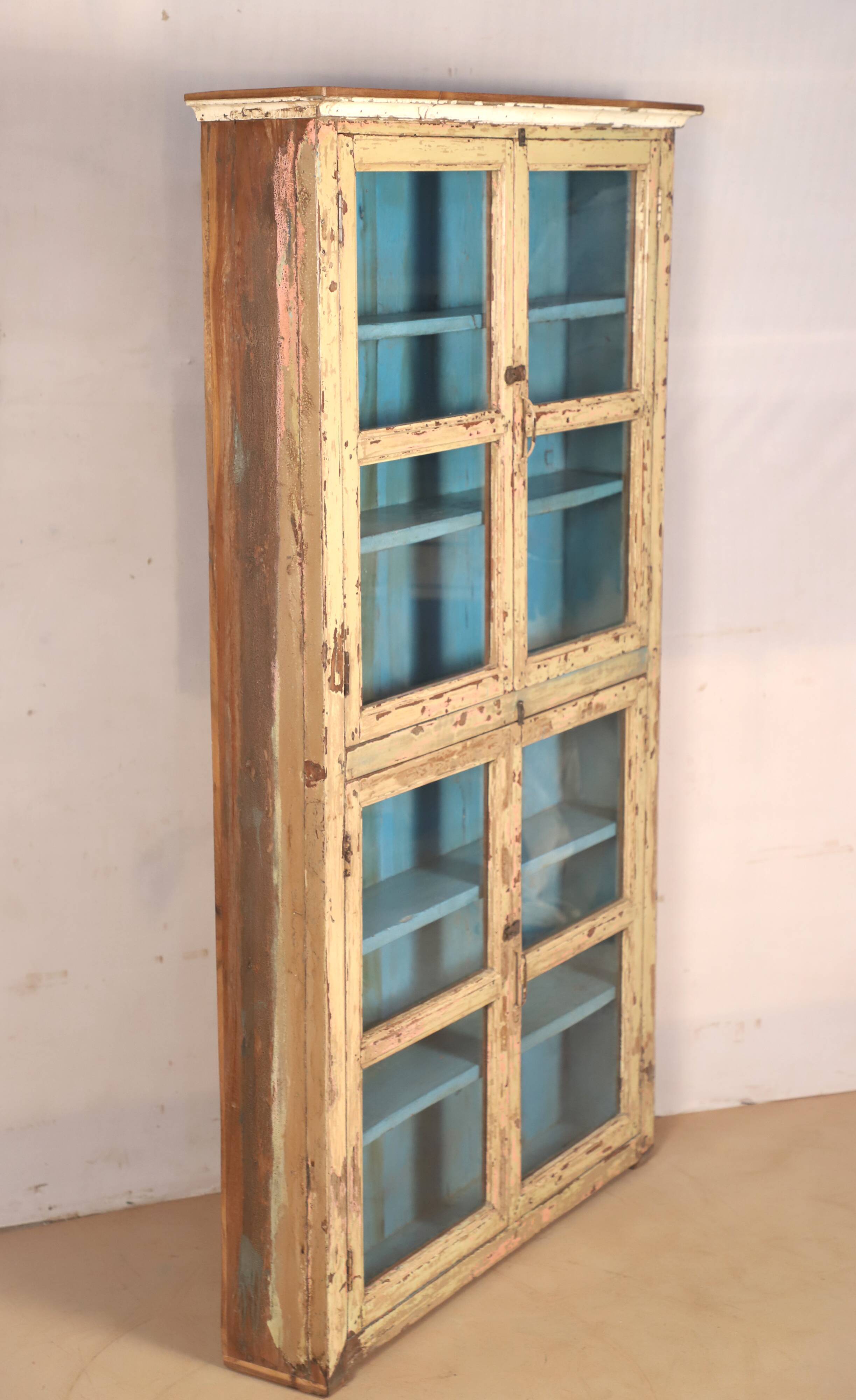 Burmese teak showcase with original beige & blue patina