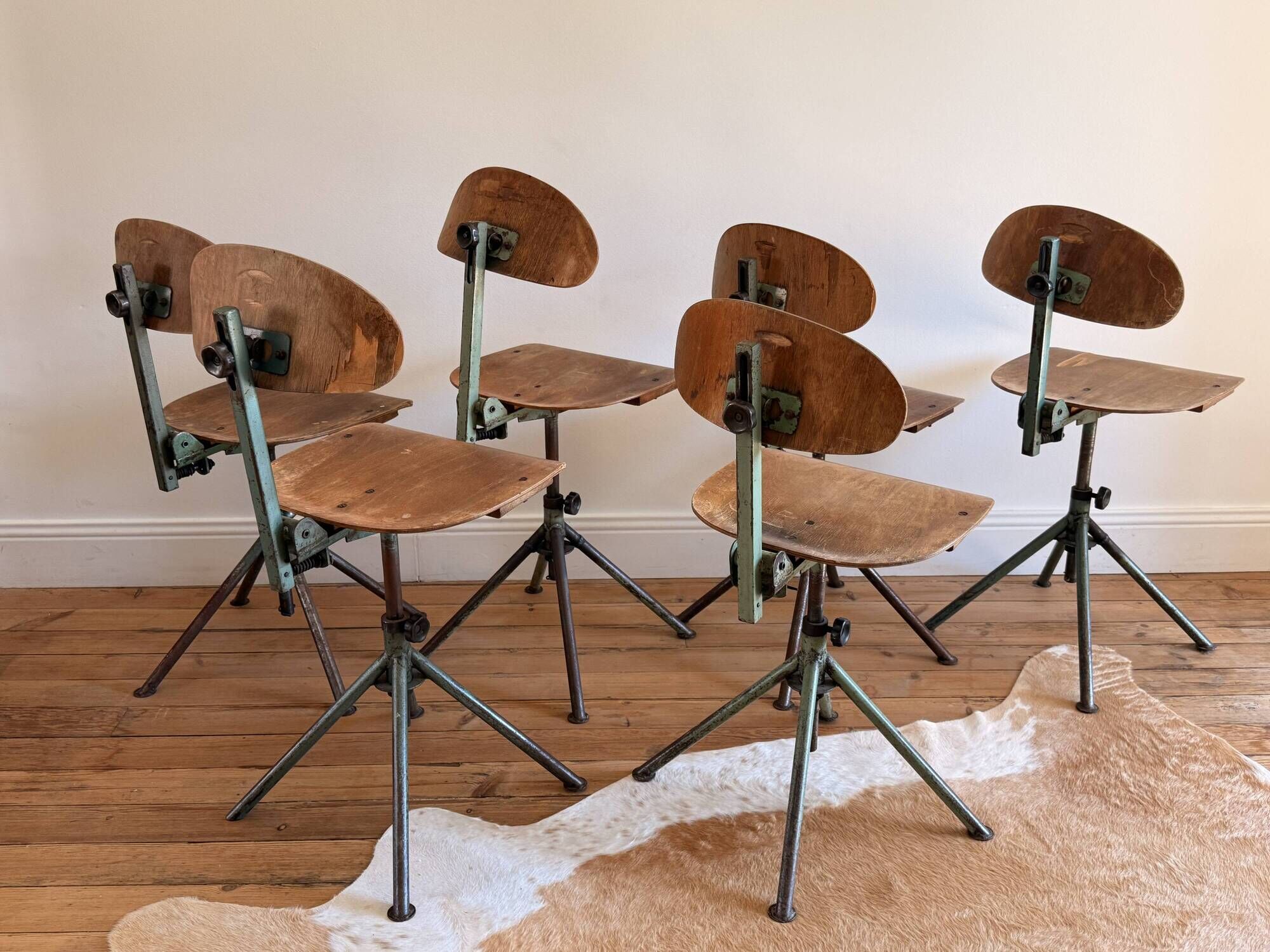 Set of 6 Antique Industrial Wooden and Metal Workshop Chairs
