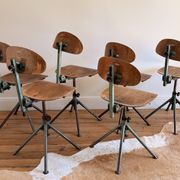 Set of 6 antique industrial workshop chairs in wood and metal.