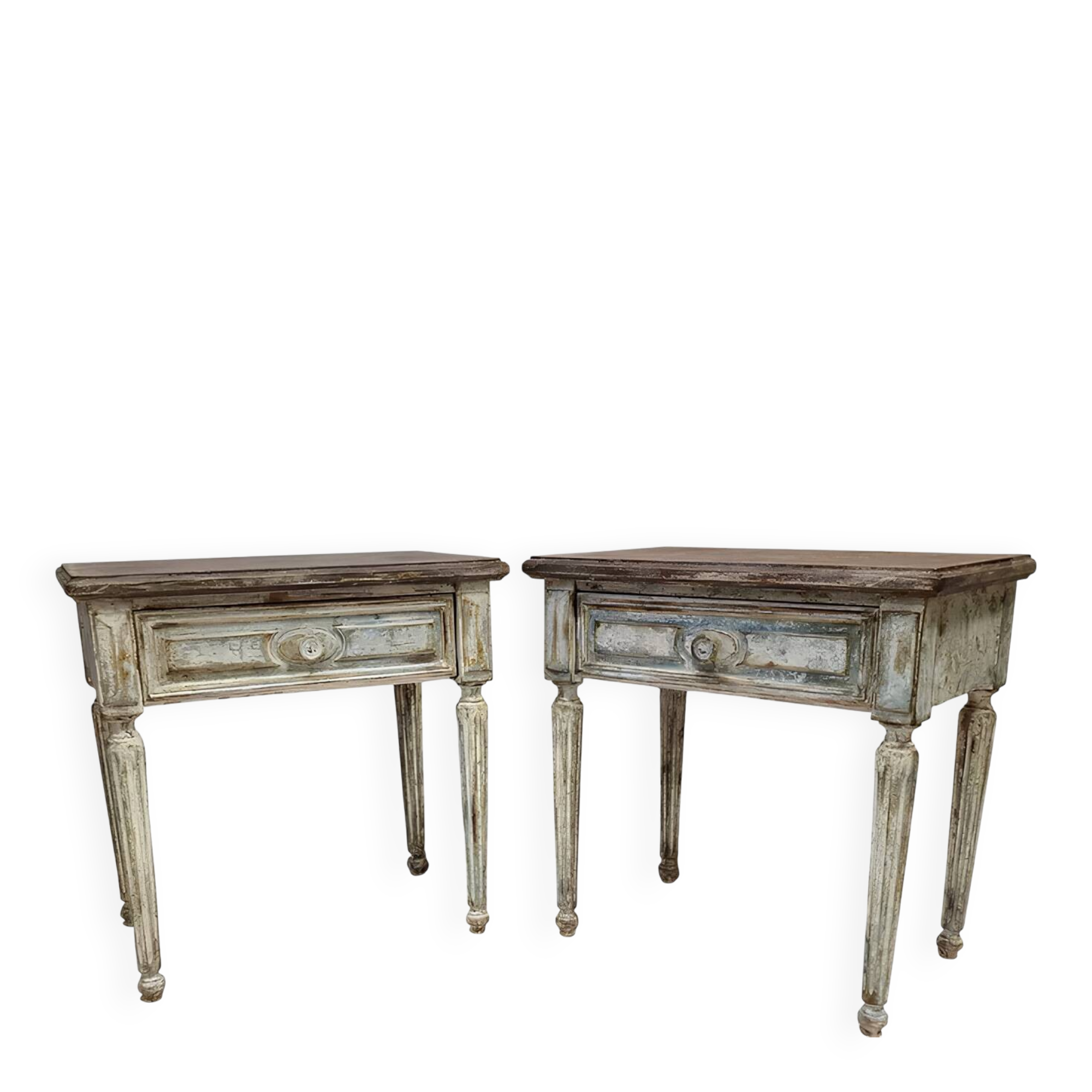 Pair of Louis XVI style bedside tables with patina