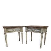 Pair of Louis XVI style bedside tables with patina