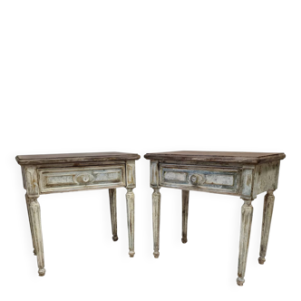 Pair of Louis XVI style bedside tables with patina