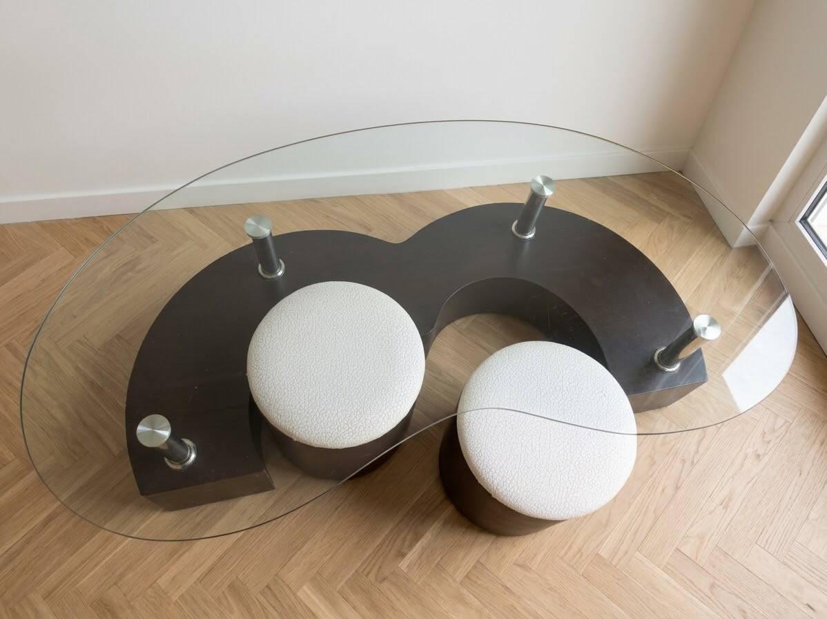 Vintage 1970s coffee table with 2 nesting poufs.