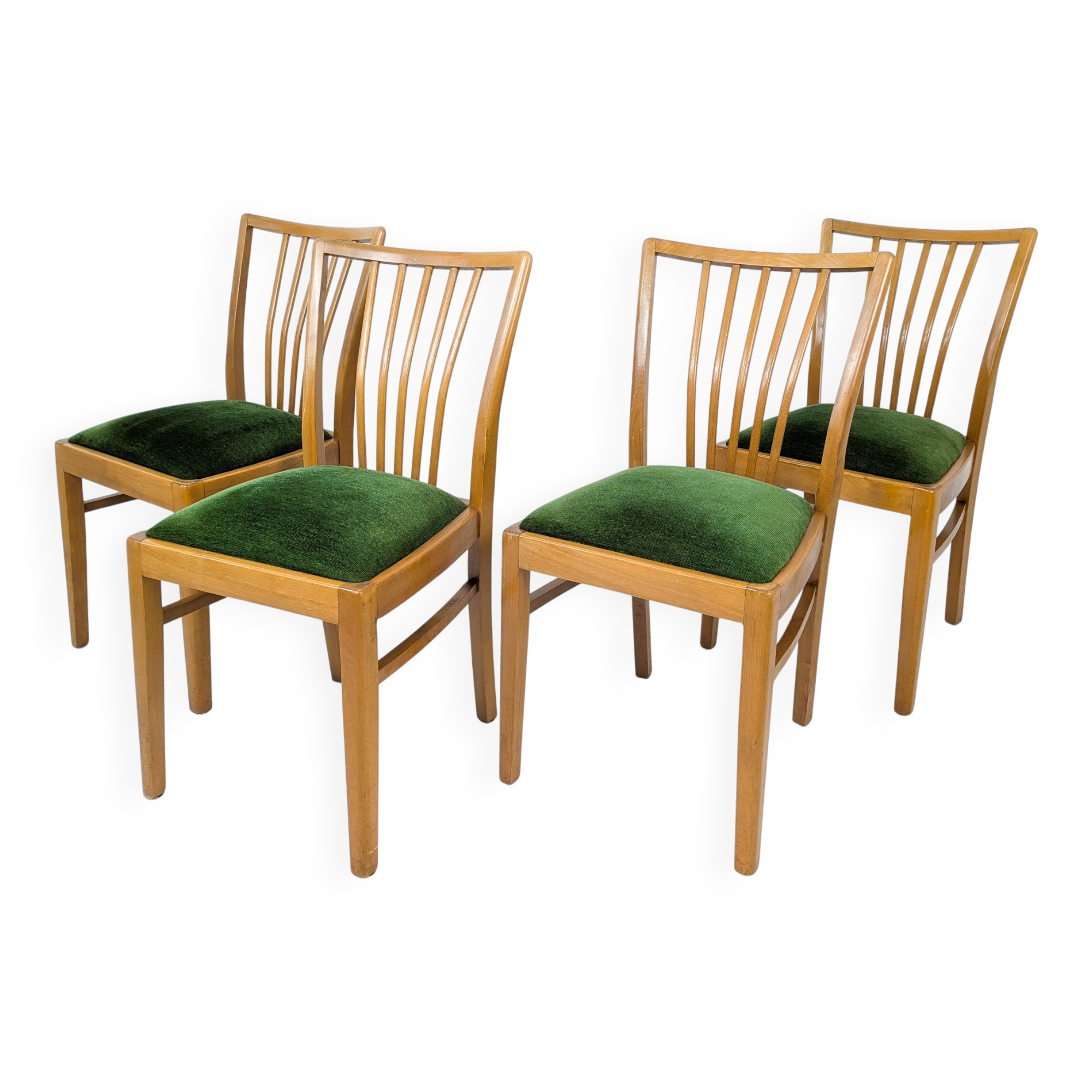 Lot de 4 chaises Mid-Century à barreaux, tissu vert foncé