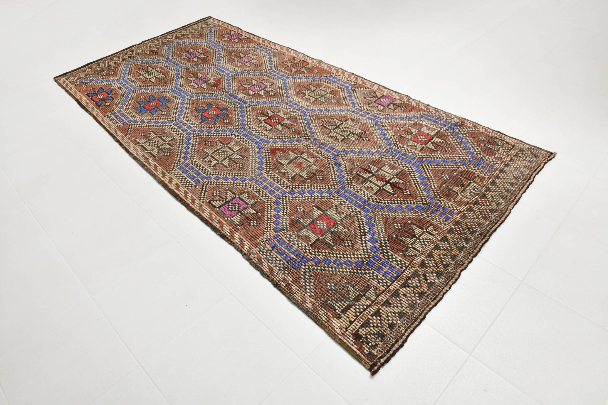 Blue & Brown Star Pattern Kilim Rug, 153x315Cm