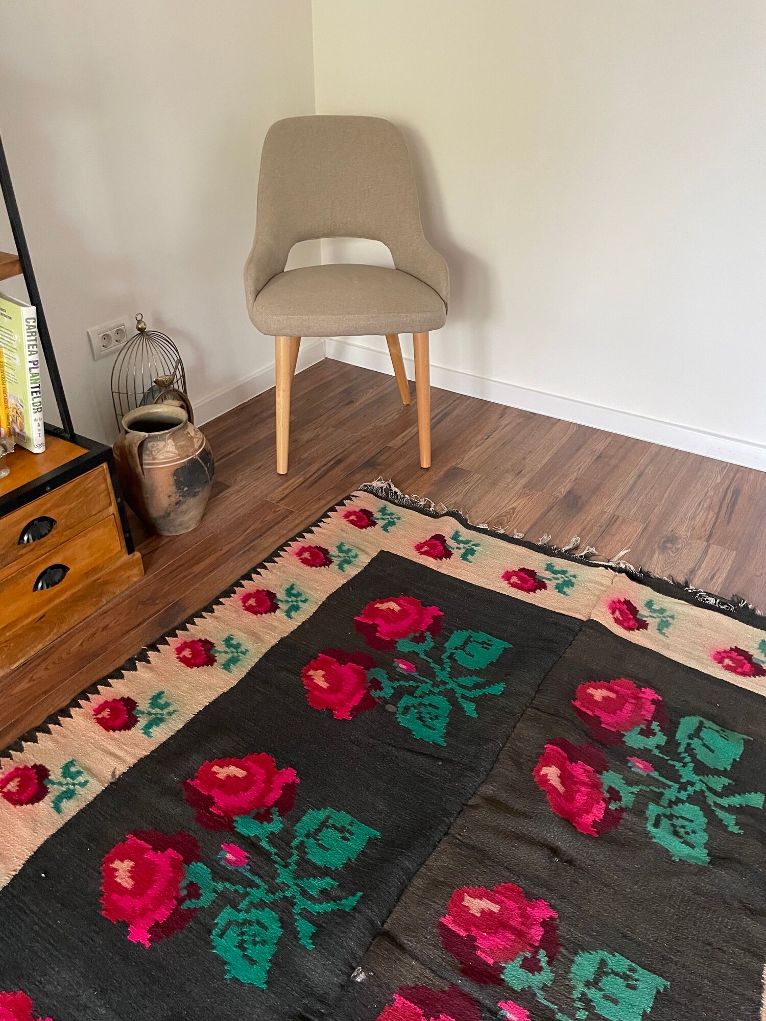 Very Old Romanian floral handwoven carpet made in wool, bohemian design