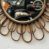 Round mirror flower sun in smoked rattan wicker vintage 1960 1970 47 cm folk