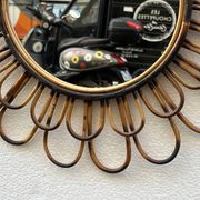 Round flower sun mirror in smoked wicker rattan vintage 1960s 1970s 47 cm folk