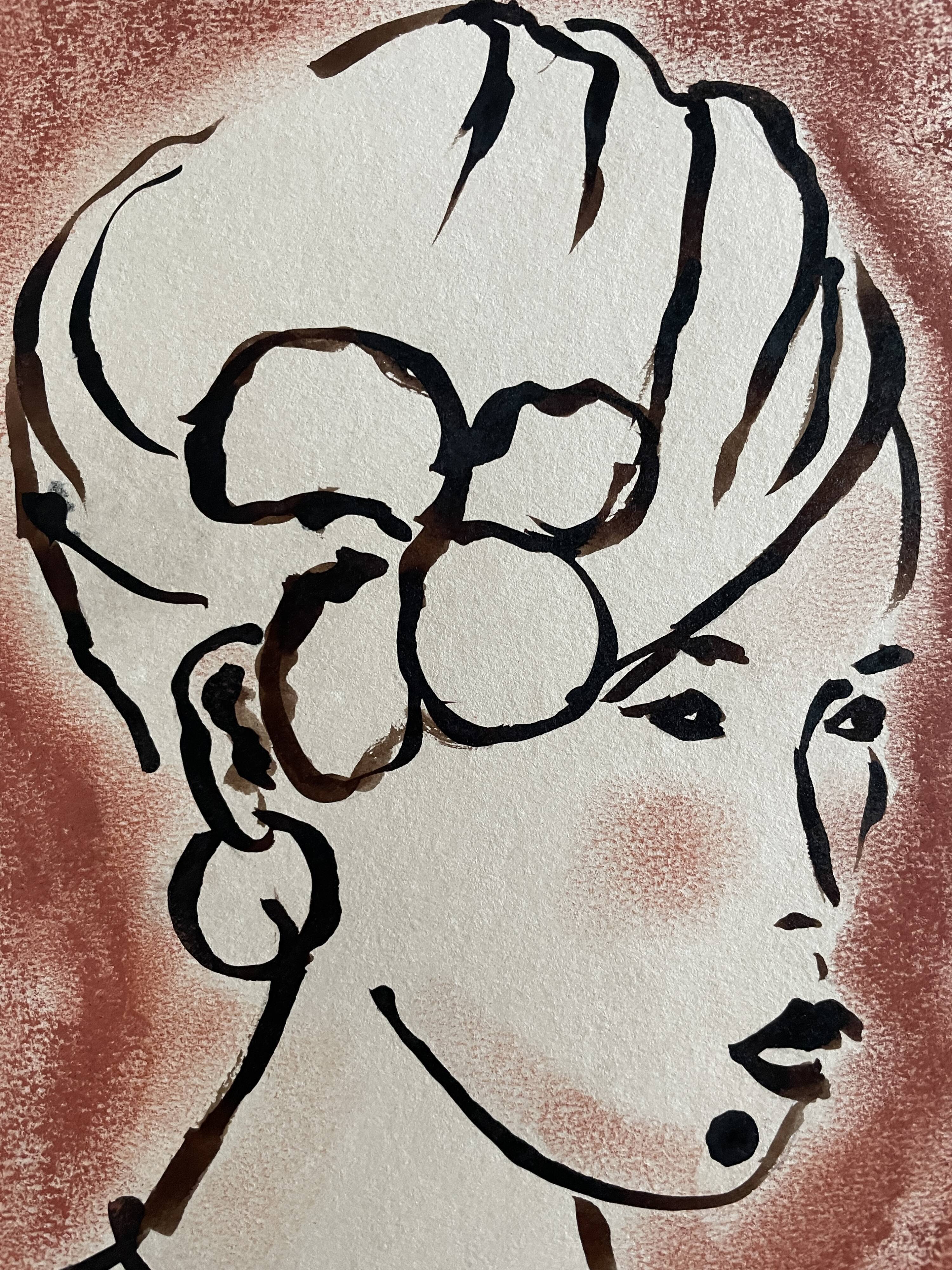 Signed painting in Indian ink and pastel, female portrait “study with a curl”
