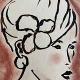 Signed painting in Indian ink and pastel, female portrait “study with a curl”