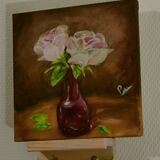 Huile sur toile fleurs dans un vase rouge