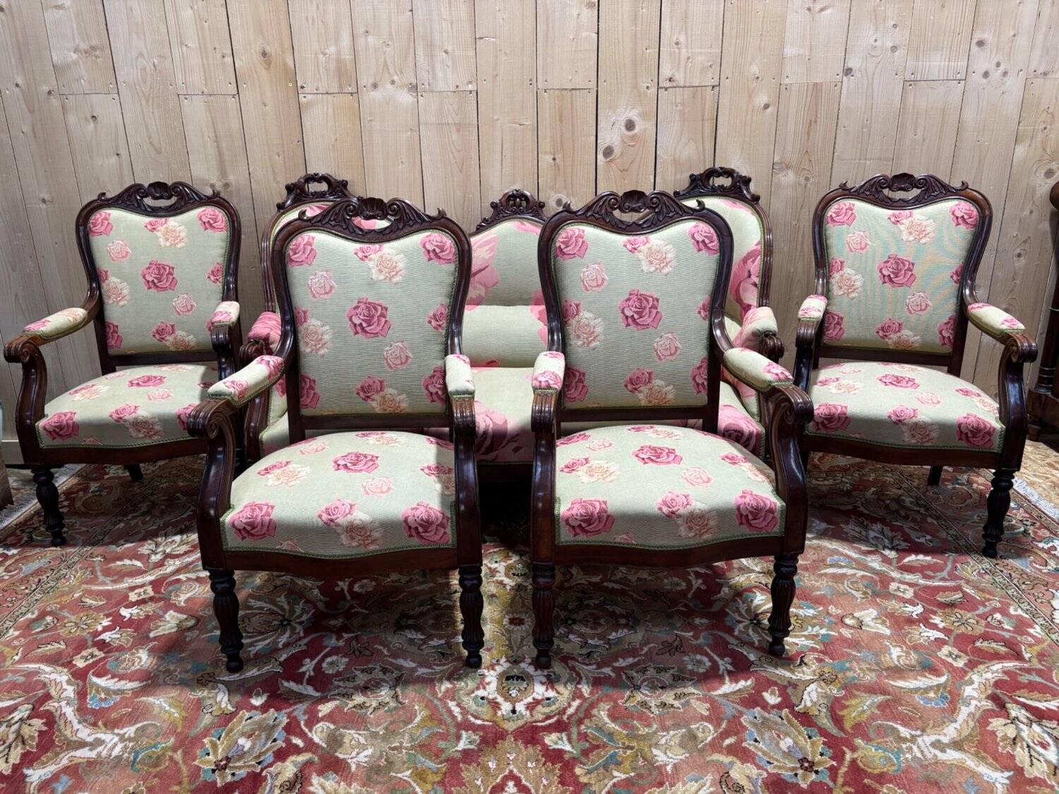 Napoleon III salon set 9 pieces solid mahogany rose fabric