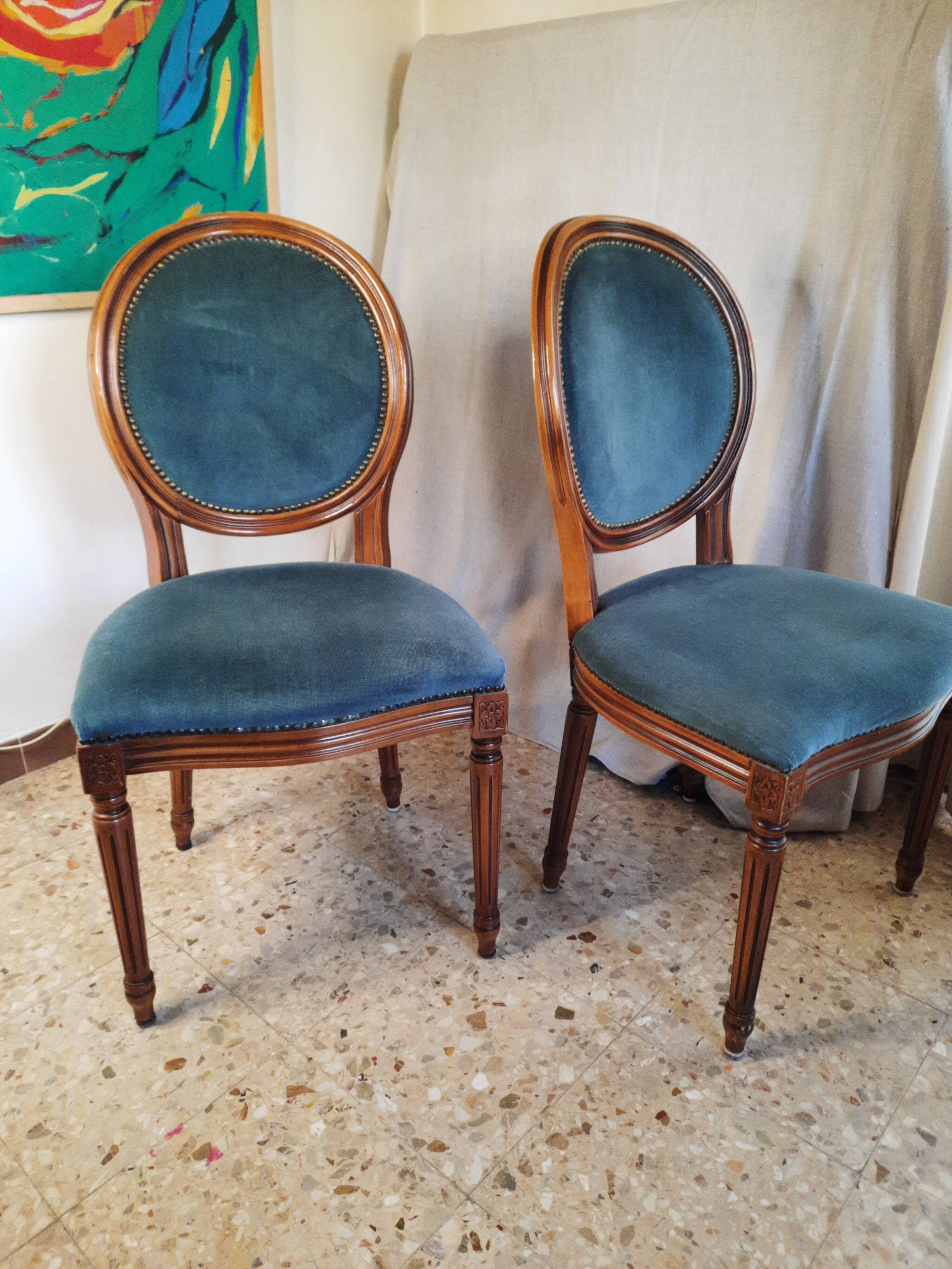 Pair of blue velvet medallion chairs