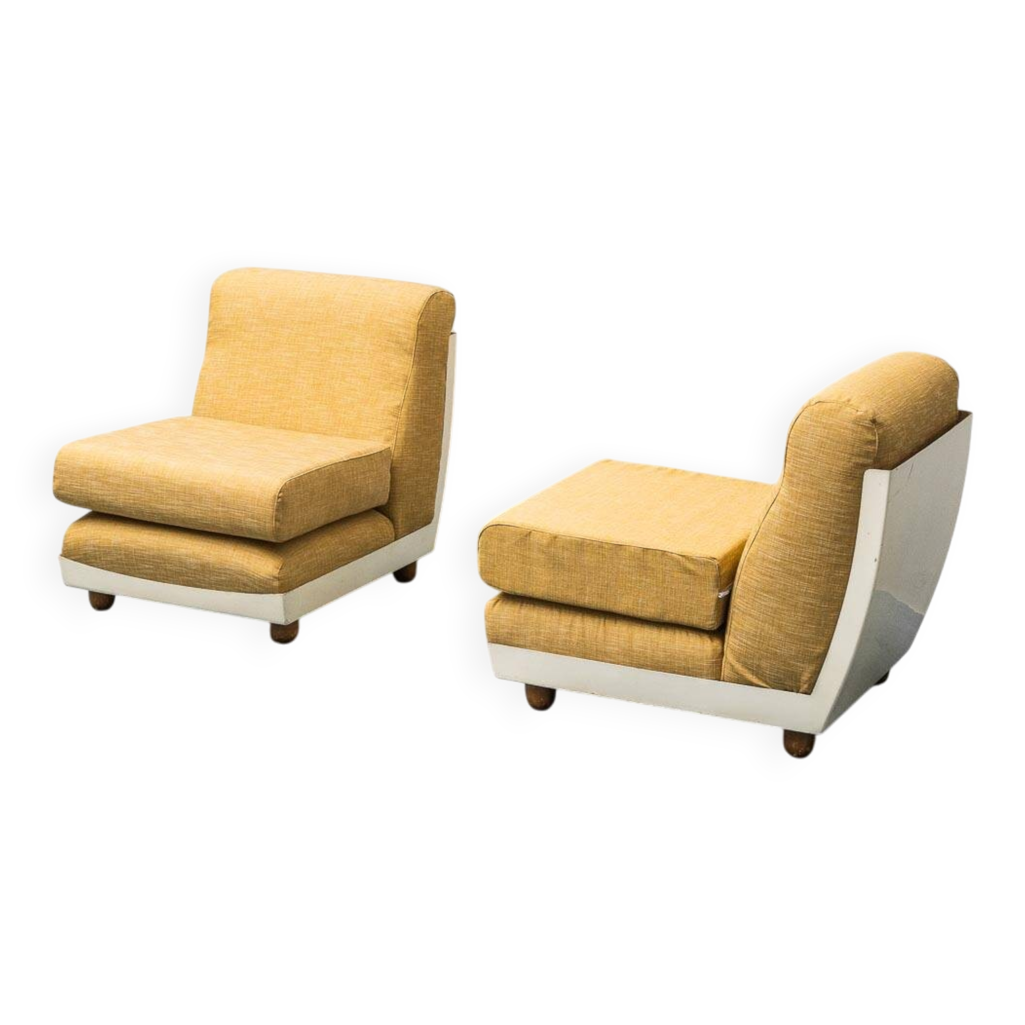 Pair of vintage yellow fabric armchairs, 1970s modernism