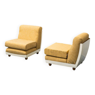 Pair of vintage yellow fabric armchairs, 1970s modernism