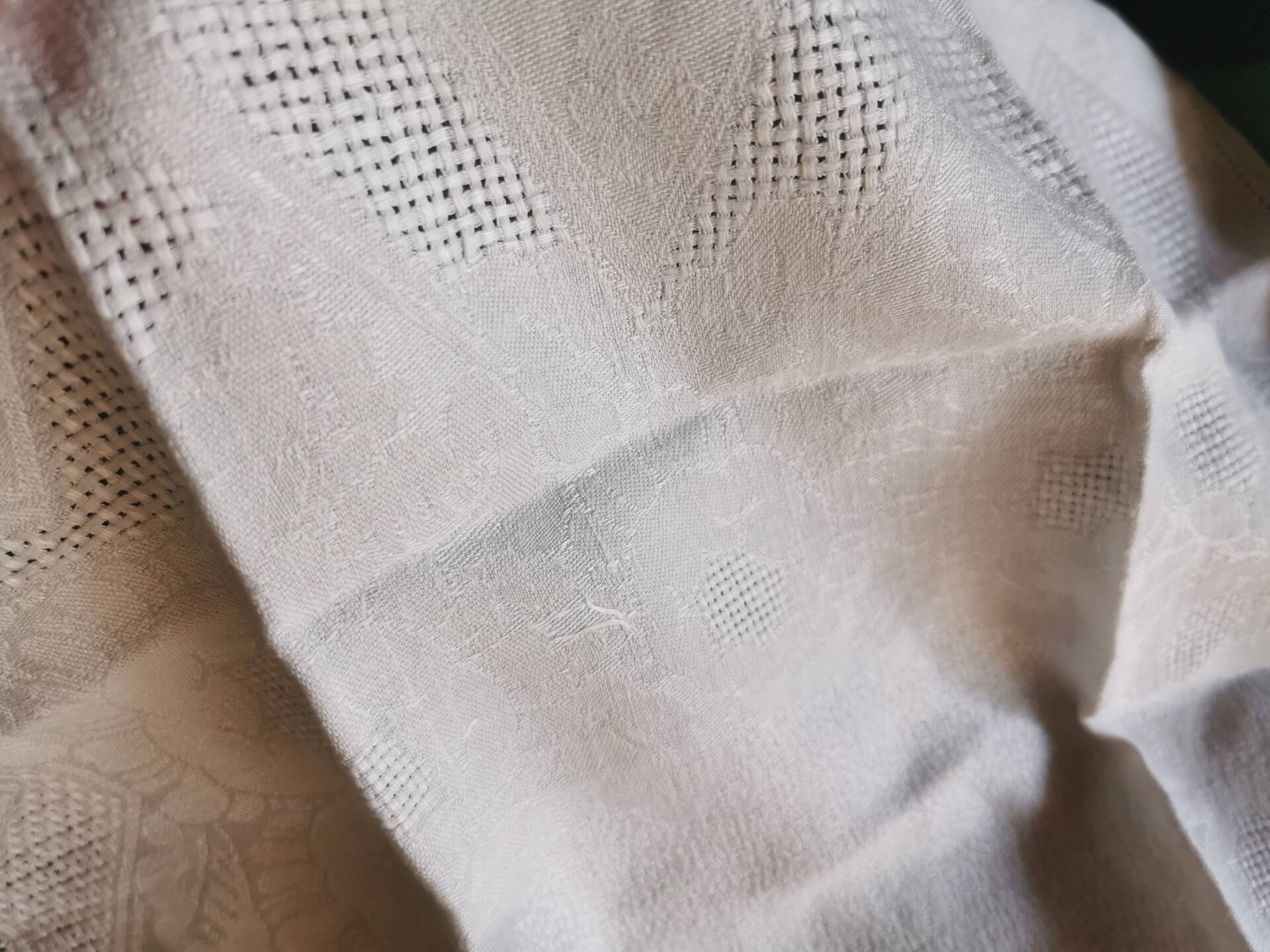 Set of 16 table napkins and an old floral damask tablecloth.