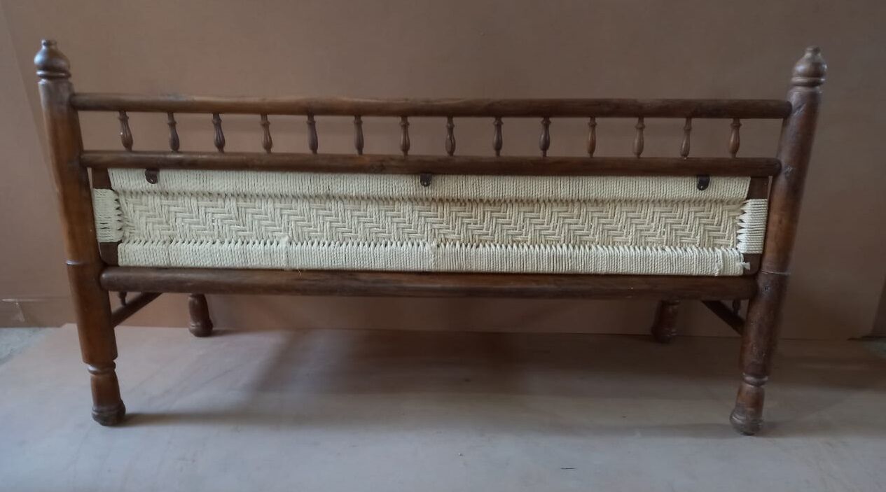 Natural burmese teak sofa and braided cotton seat & backsplash