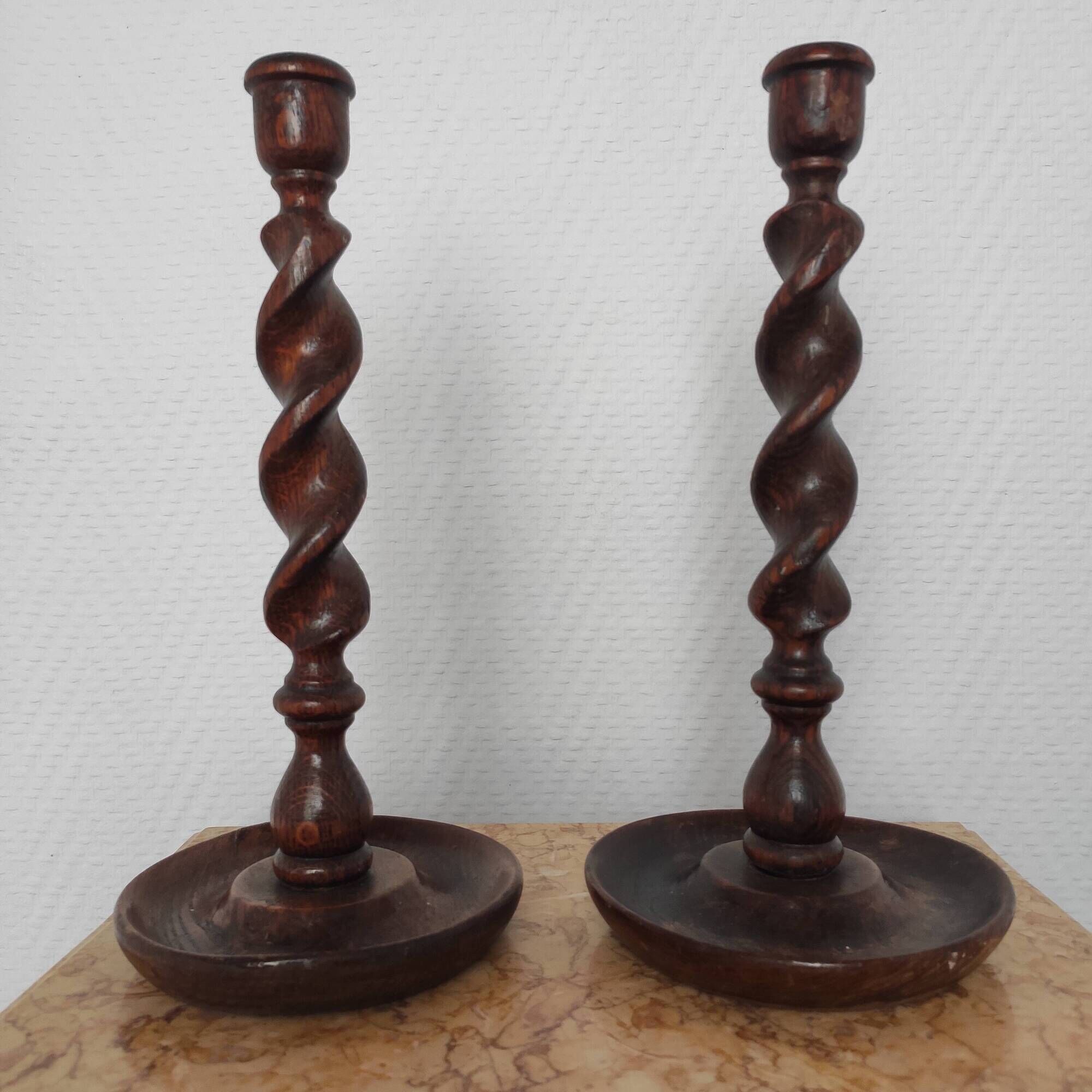 Pair of antique English turned wood candlesticks