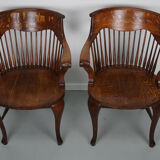 Pair of English Edwardian Oak Spindle Back Captains Office Desk Chairs