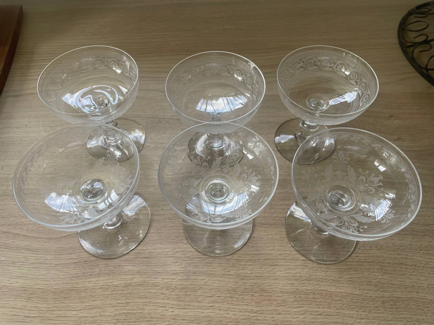 6 Mismatched Engraved Champagne Glasses