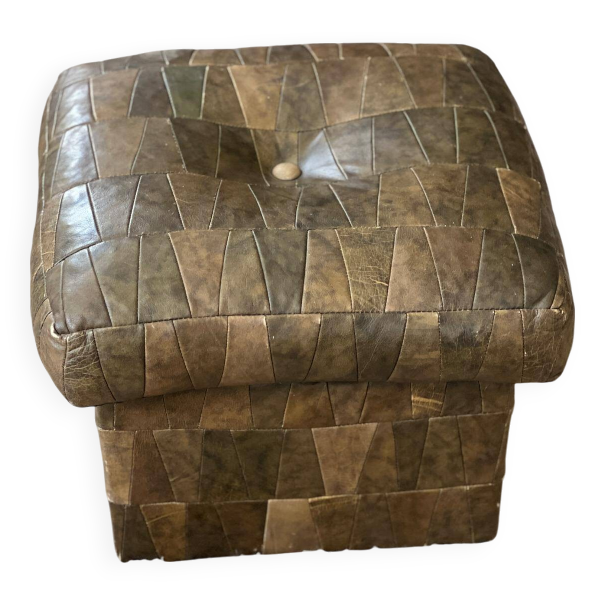 Khaki leather patchwork pouf / chest
