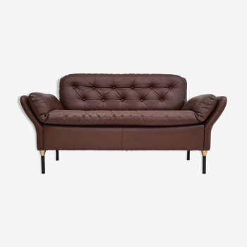 Danish 2-seater sofa, original brown leather, 70s