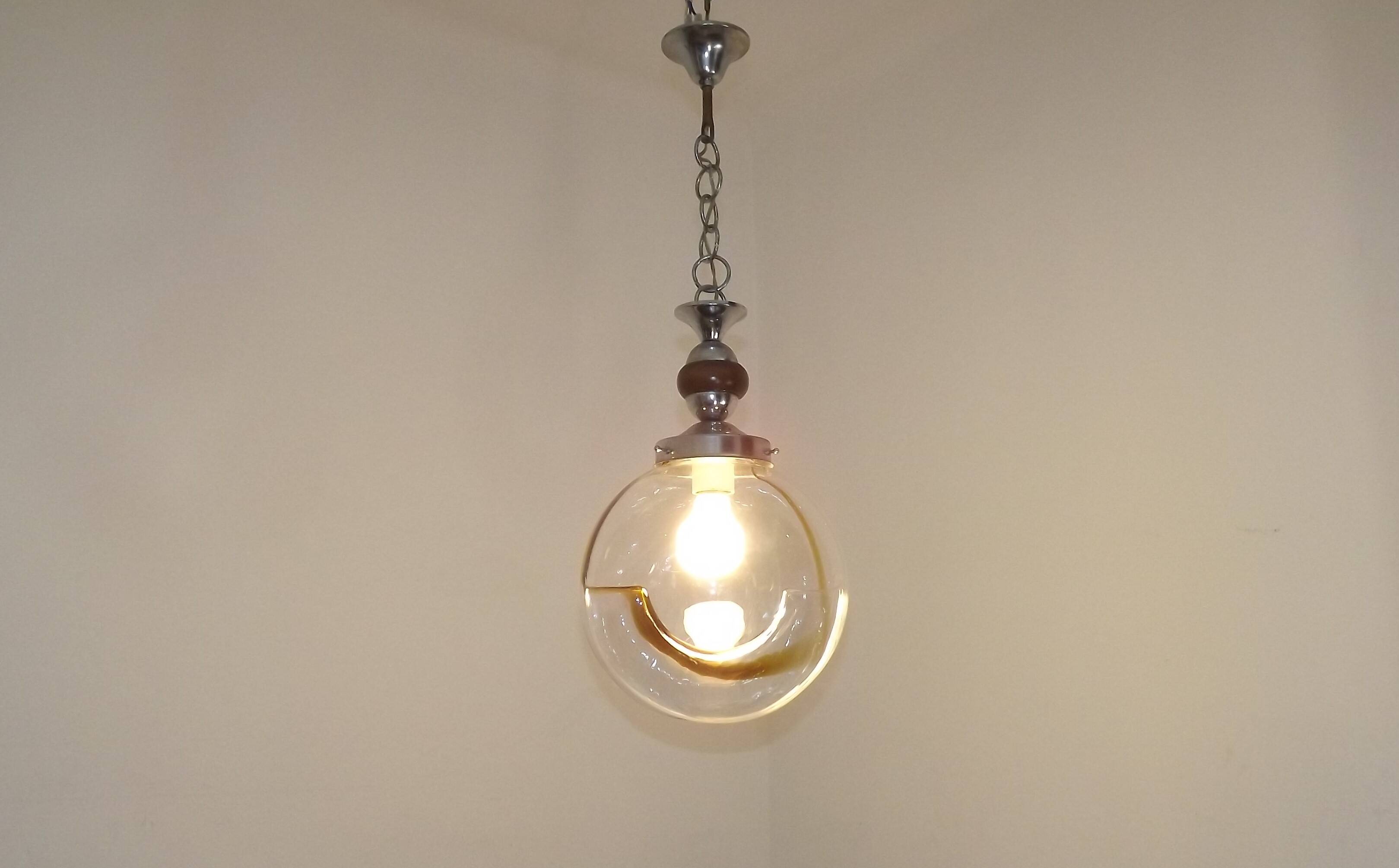 Vintage Murano Glass Globe Pendant Ceiling Light Amber Wave Mazzega Style