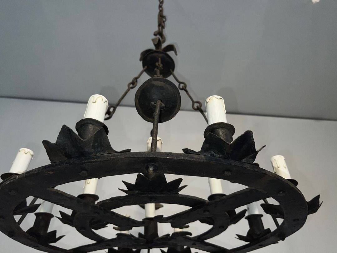 Wrought Iron Chandelier, 12 Lights, Gothic Style, French Work, circa 1