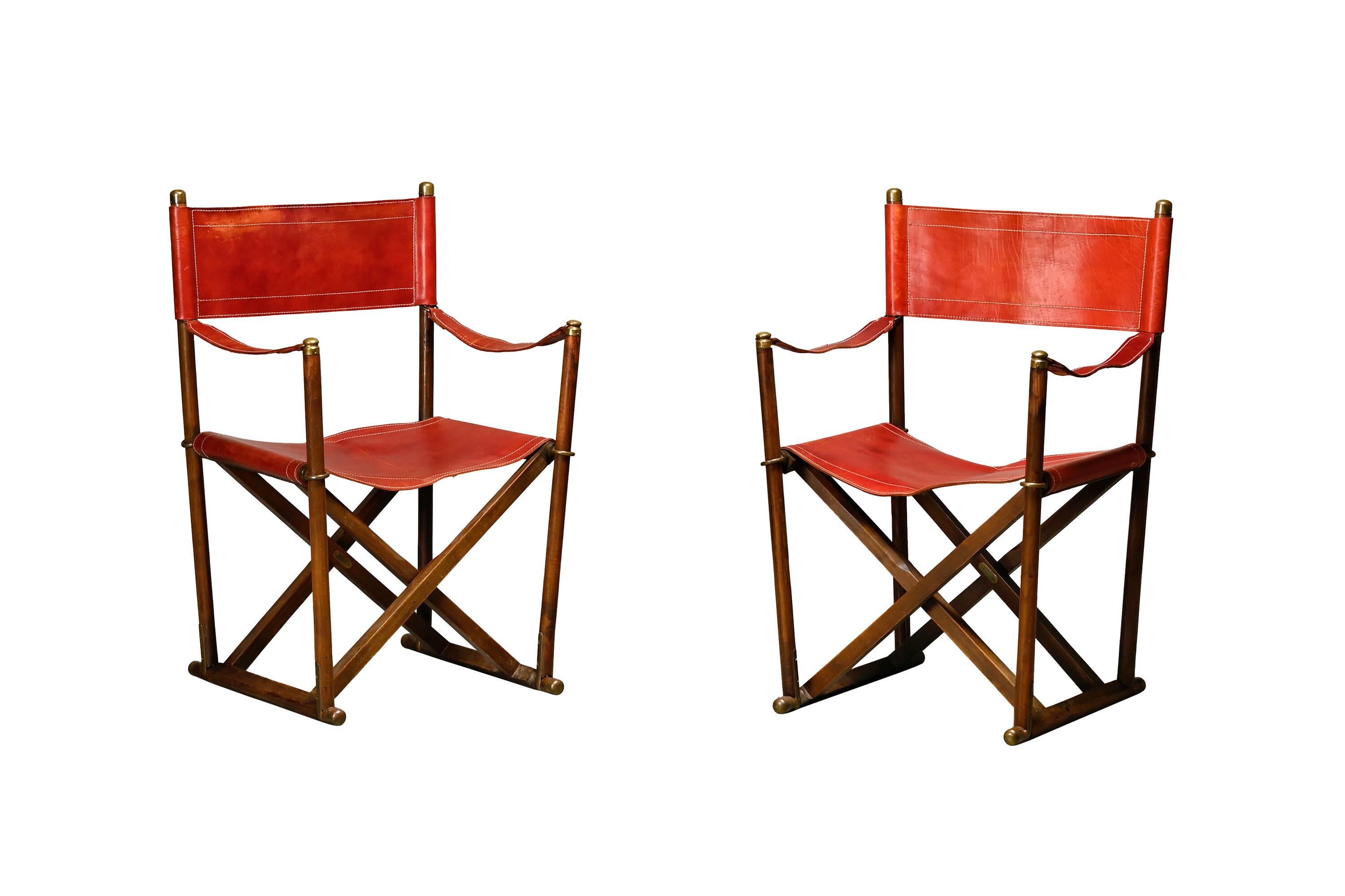 Pair Mogens Koch MK-16 Folding Chair in Oak Wood with Red Leather for Valma