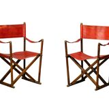 Pair Mogens Koch MK-16 Folding Chair in Oak Wood with Red Leather for Valma