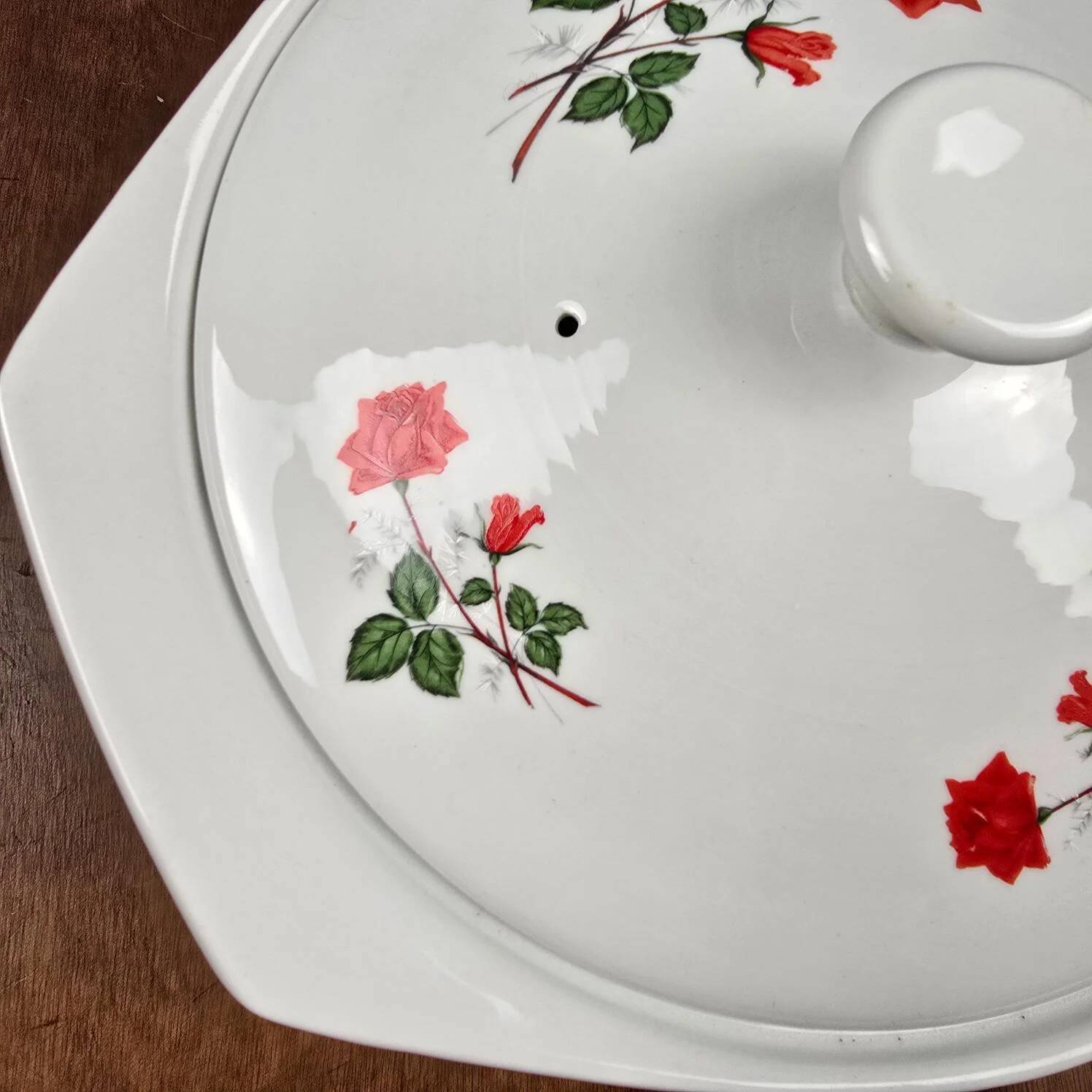 Vintage Digoin fireproof porcelain casserole – Red rose decoration