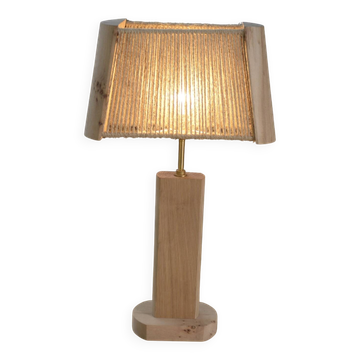 Brutalist lamp in elm and solid oak with a cord shade – 1980s