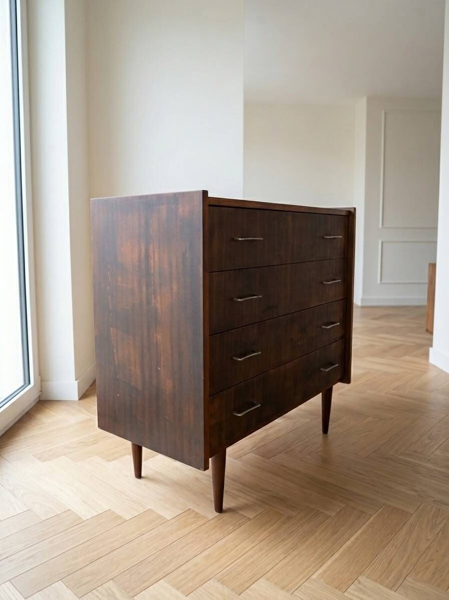Commode vintage années 70 – 4 tiroirs – style scandinave – bois foncé