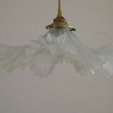 Vintage French Art Deco White Opaque Glass Pendant Light Clear Frilled Edge
