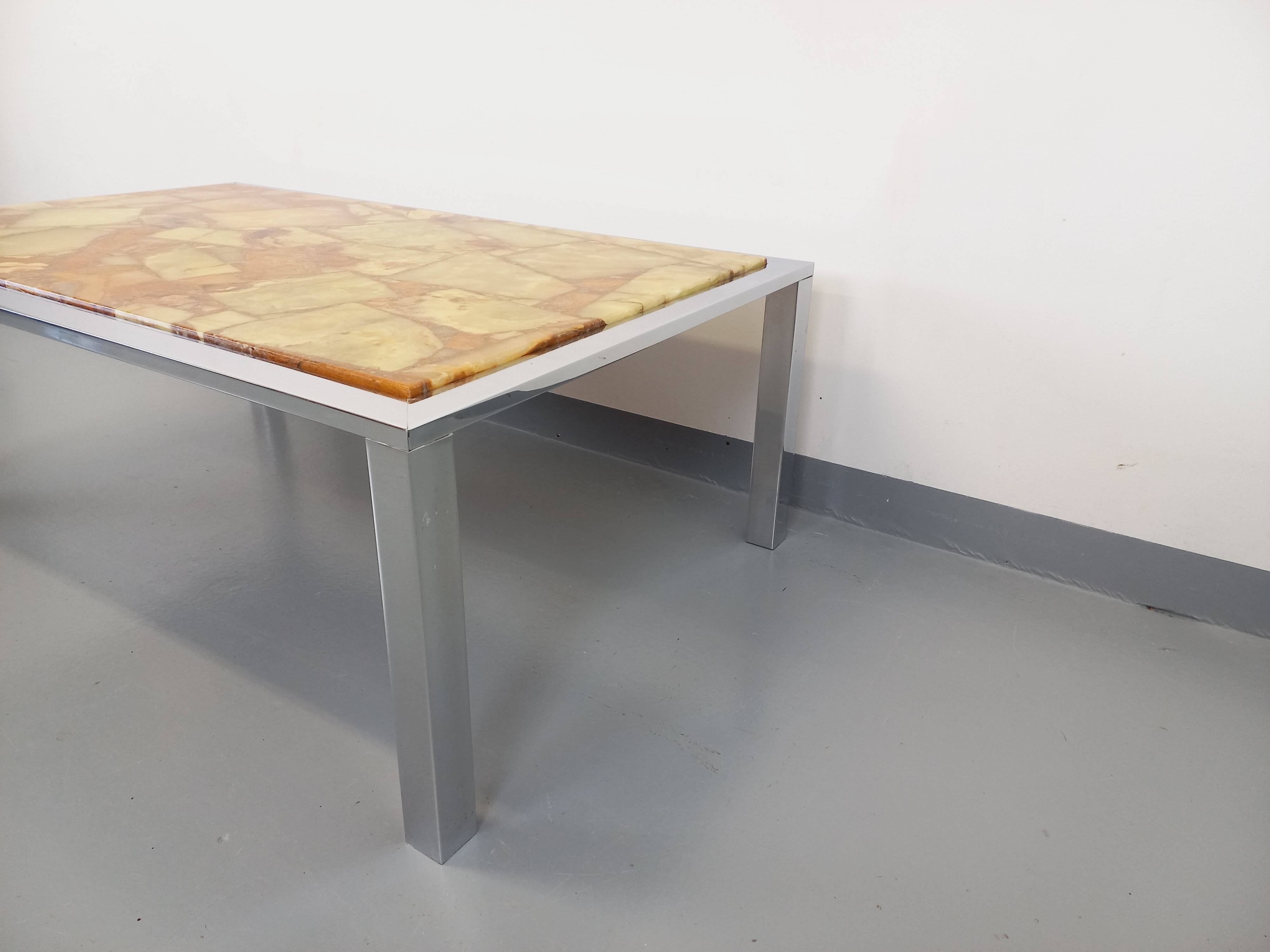 Large vintage coffee table in chrome metal, yellow onyx stone and resin from the 70s
