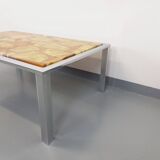 Large vintage coffee table in chrome metal, yellow onyx stone and resin from the 70s