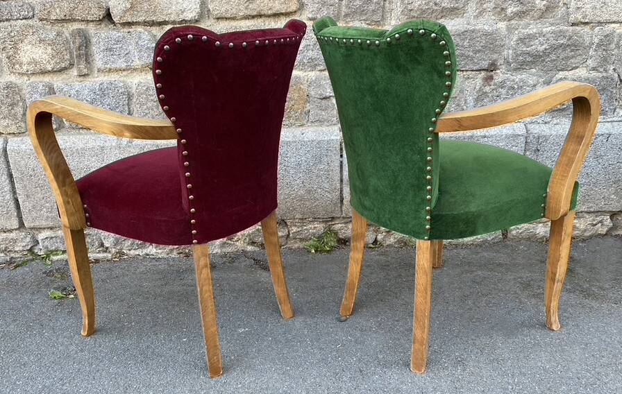 Pair of vintage studded velvet bridge chairs, 1950s