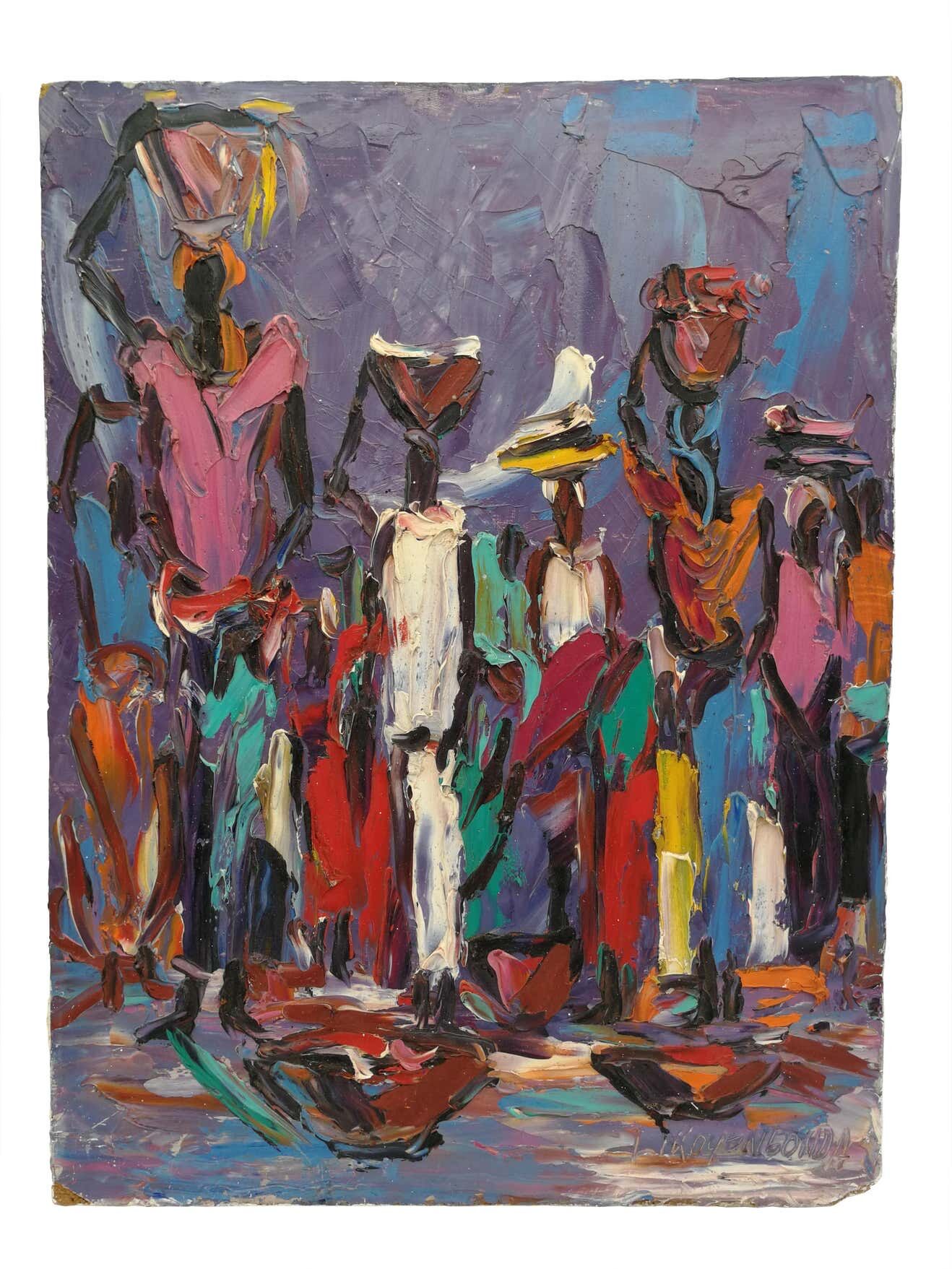 Women carrying burdens on their heads by Louis Koyongonda, 1950