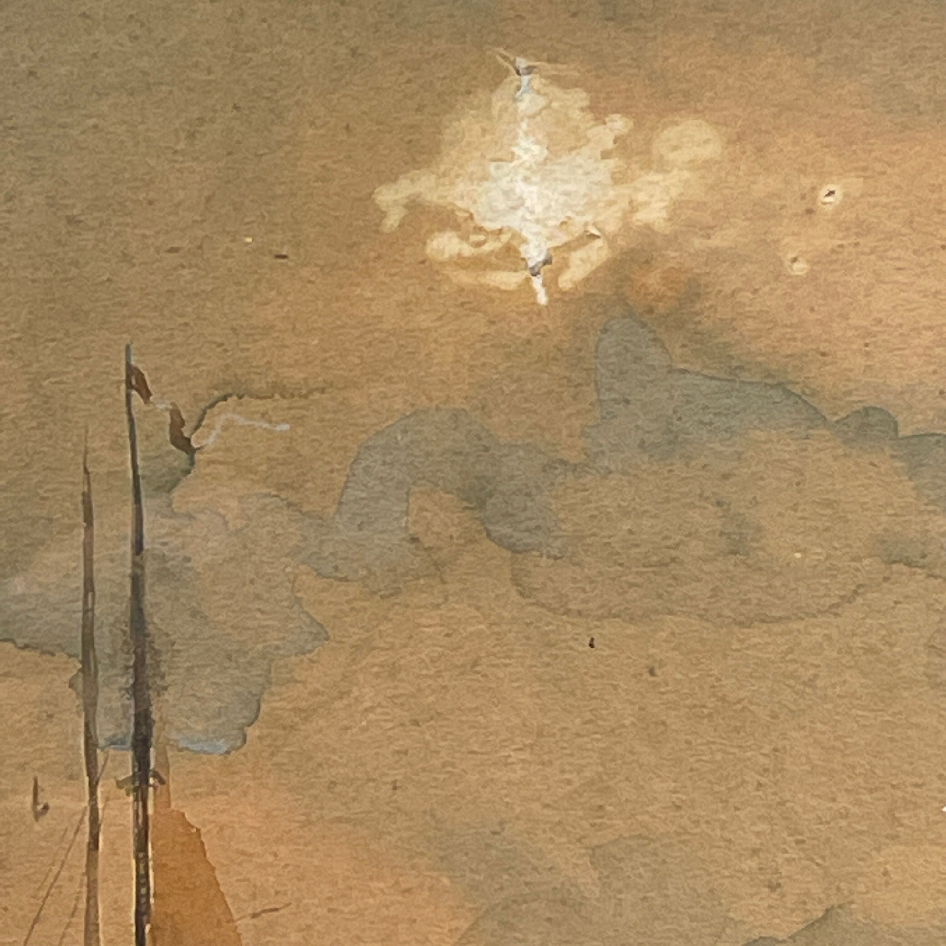 " Boats stranded at low tide " by A. Semlinck, Aquarelle Marine, Bateaux Voiliers, ca 1910