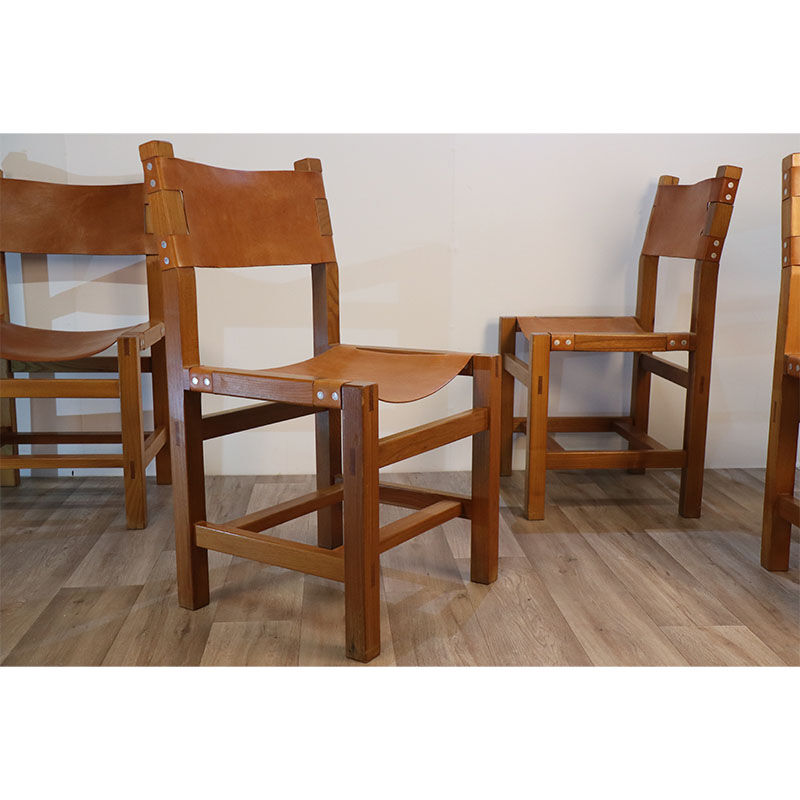 Série de 4 chaises vintage maison regain en orme et cuir 1970
