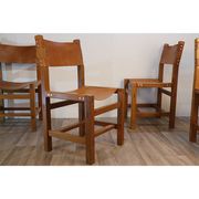 Series of 4 vintage Maison Regain chairs in elm and leather 1970