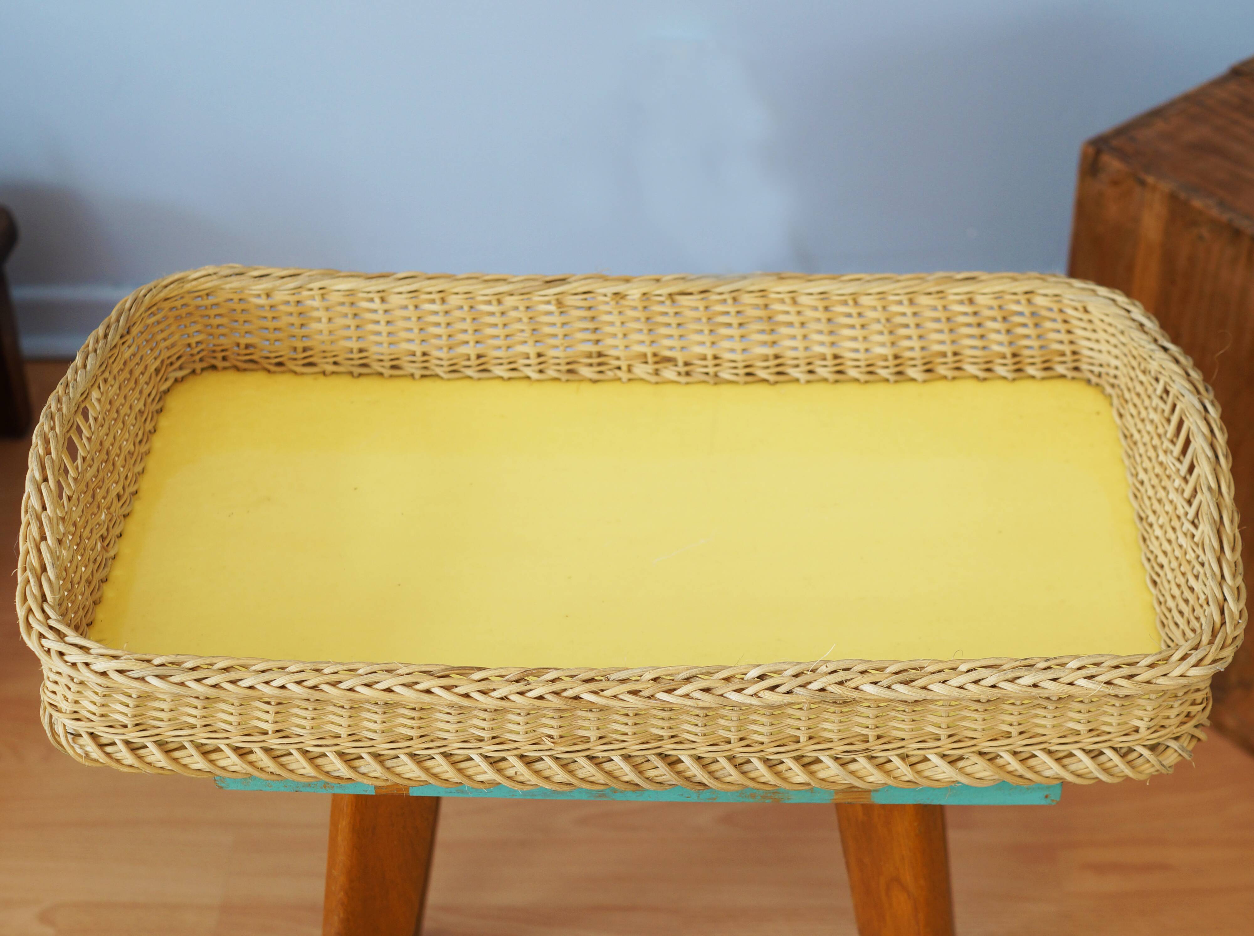 Wicker tray and yellow lacquered plywood, vintage