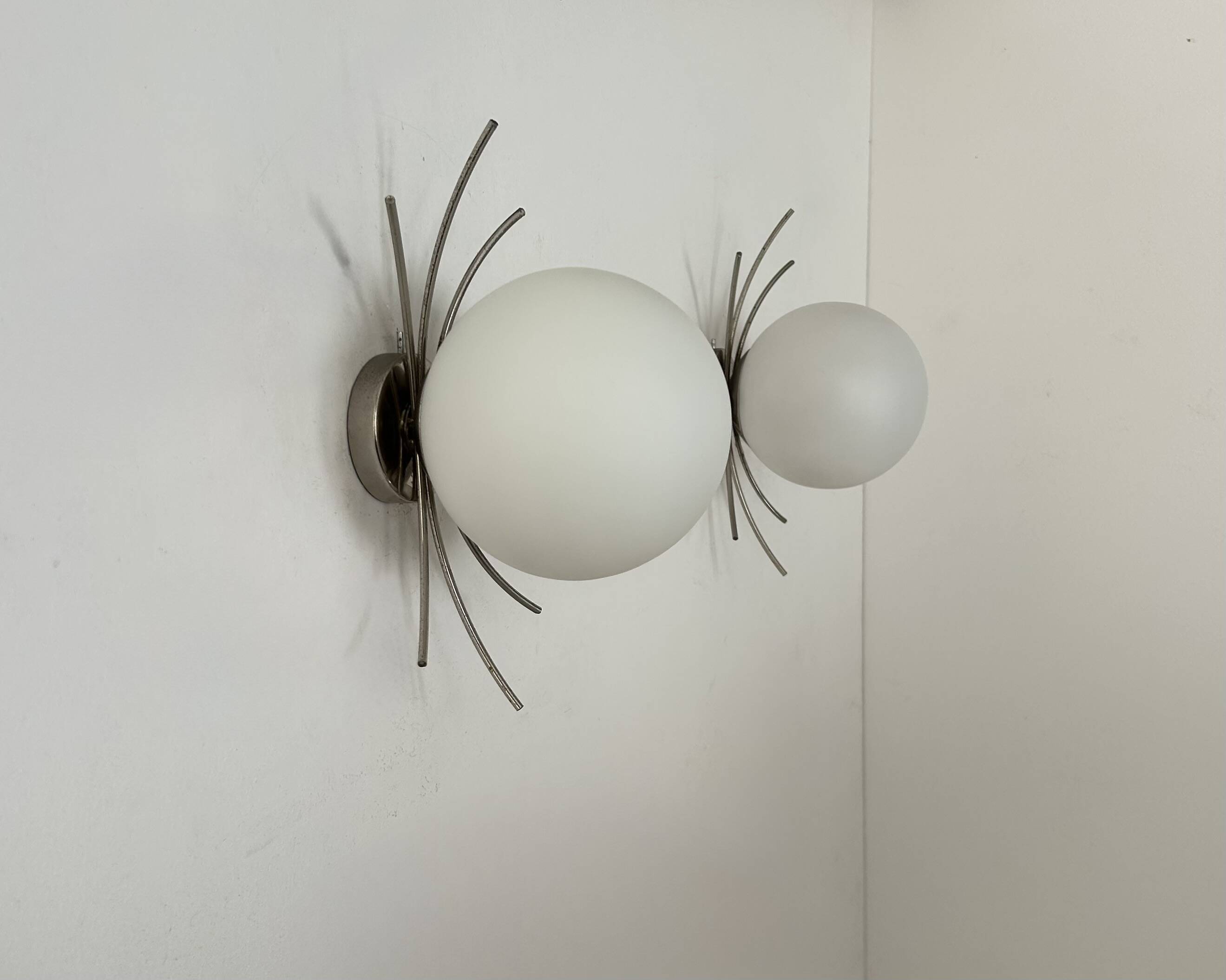 Pair of vintage wall lights, chrome and opaline, France, 1970
