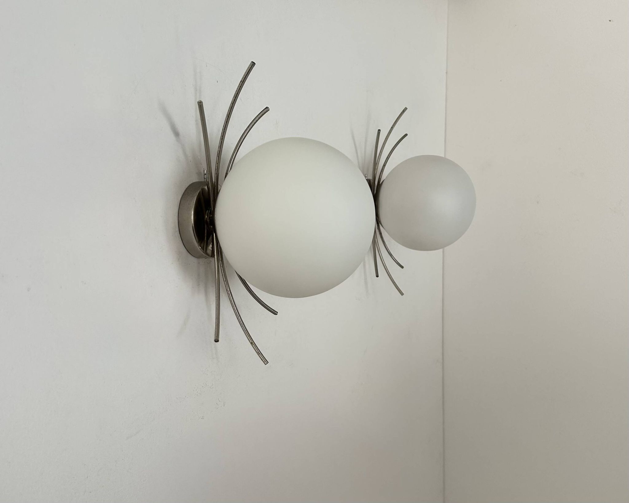 Pair of vintage wall lights, chrome and opaline, France, 1970